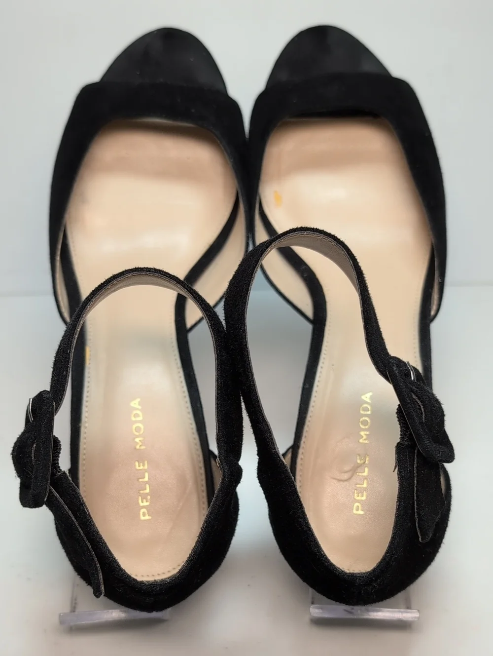 Pelle Moda Black Suede Peep-Toe Ankle Strap Heels womans size 9
